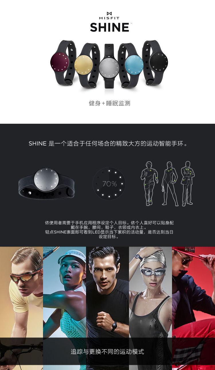 Misfit Shine 智能手環(huán) 無(wú)需充電 航空鋁合金防水運(yùn)動(dòng)睡眠藍(lán)牙手表記步器 黑色