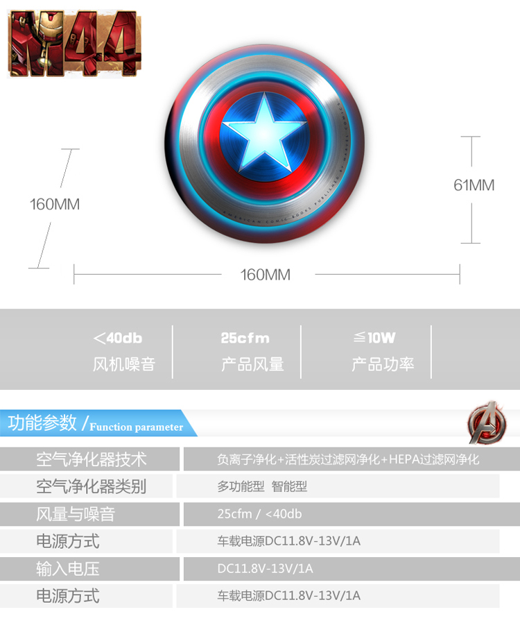 迪士尼卡通漫威英雄美國(guó)隊(duì)長(zhǎng)盾牌車(chē)載空氣凈化器 上海禮物