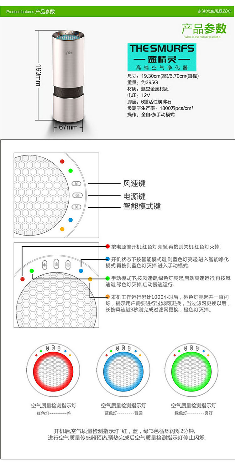 JFA智能車載空氣凈化器PM2.5 杯式汽車氧吧 負離子除甲醛煙霧異味