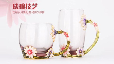 創(chuàng)意琺瑯彩玻璃水杯、情侶茶杯、花茶杯情人節(jié)禮物（對(duì)杯）